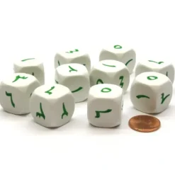 Dice>Pack of 10 20mm D6 Arabic Numbers Numbered 1 to 6 - White with Green Etches - Your Source for Gaming Essentials