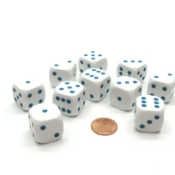 Dice>Pack of 10 20mm D6 Dice - White with Blue Pips - Your Source for Gaming Essentials