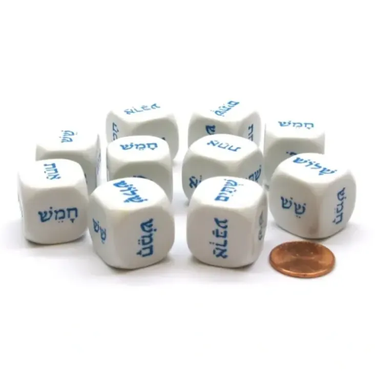 Dice>Pack of 10 20mm D6 Hebrew Word Numbers 1 to 6 - White with Blue Etches - Your Source for Gaming Essentials