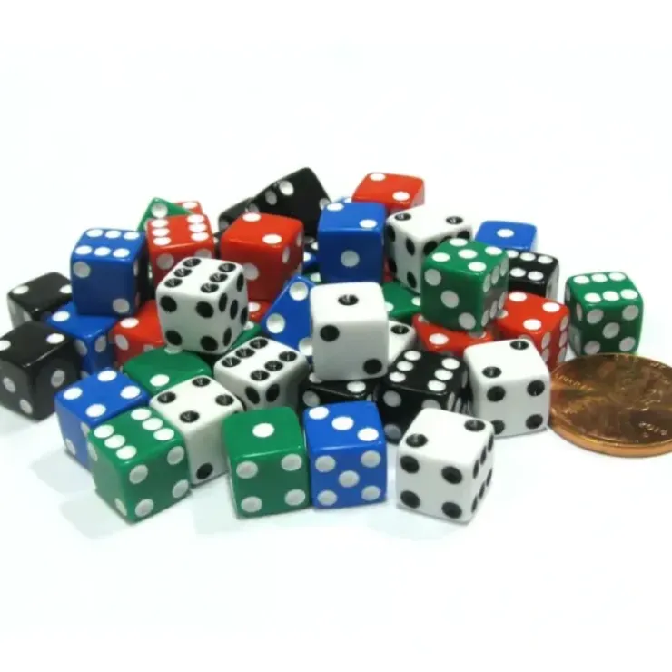 Dice>Pack of 50 8mm D6 Small Square-Edge Dice, 10 of Each: Red White Blue Green Black - Your Source for Gaming Essentials