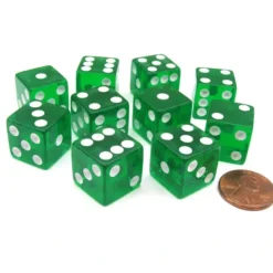 Dice>Pack of 10 16mm D6 Square Edge Transparent Dice - Green with White Pips - Your Source for Gaming Essentials
