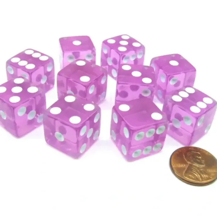 Dice>Pack of 10 16mm D6 Square Edge Transparent Dice - Pink with White Pips - Your Source for Gaming Essentials