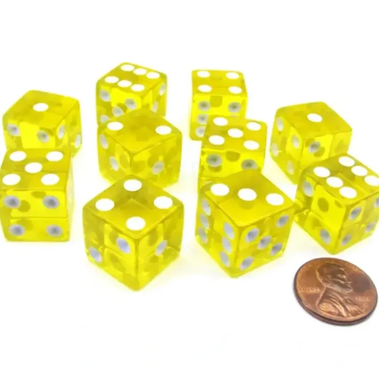 Dice>Pack of 10 16mm D6 Square Edge Transparent Dice - Yellow with White Pips - Your Source for Gaming Essentials