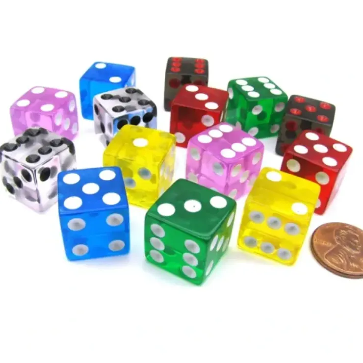 Dice>Pack of 14 16mm D6 Transparent Dice- 2 of Red Clear Green Black Blue Pink Yellow - Your Source for Gaming Essentials
