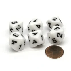 Dice>Pack of 6 16mm 10-Sided D5 Numbered 1 to 5 Twice Dice - White with Black - Your Source for Gaming Essentials