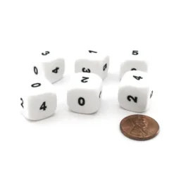 Dice>Pack of 6 Opaque Math Number (0-5) 16mm Dice - White with Black Small Numbers - Your Source for Gaming Essentials