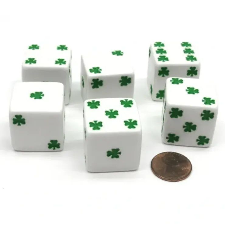 Dice>Pack of 6 Shamrock D6 25mm Large Jumbo Dice - White with Green Pips - Your Source for Gaming Essentials
