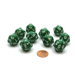 Dice>Pack of 10 20-Sided D10 Dice Numbered 0-9 Twice - Green with White Numbers - Your Source for Gaming Essentials