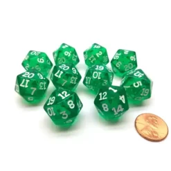 Dice>Pack of 10 Transparent 20 Sided D20 20mm Dice - Green - Your Source for Gaming Essentials