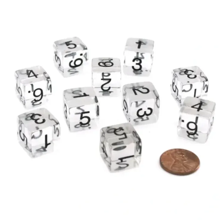 Dice>Pack of 10 Transparent 6-Sided D6 16mm Numbered Dice - Clear - Your Source for Gaming Essentials