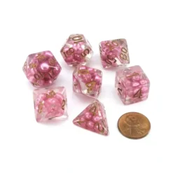 Dice>Pearl Resin 16mm 7-Die Polyhedral Dice Set - Pink with Copper Numbers - Your Source for Gaming Essentials