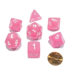 Dice>Polyhedral 7-Die Frosted Chessex Dice Set - Pink with White Numbers - Your Source for Gaming Essentials