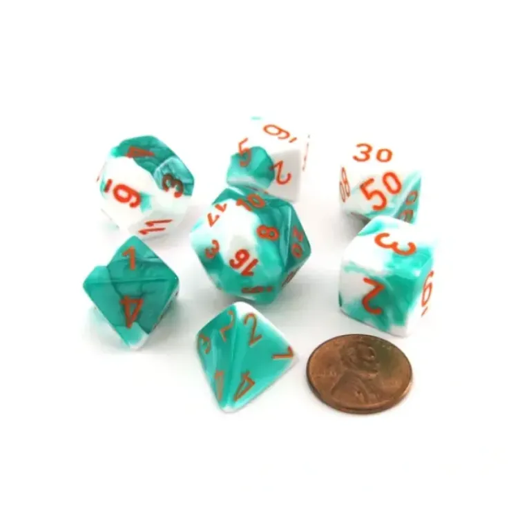 Dice>Polyhedral 7-Die Gemini Chessex Lab Dice 3 Set - Mint Green-White with Orange - Your Source for Gaming Essentials