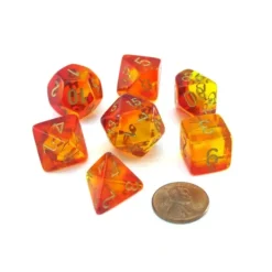 Dice>Polyhedral 7-Die Gemini Chessex Lab Dice 3 Set - Red-Yellow with Gold Numbers - Your Source for Gaming Essentials