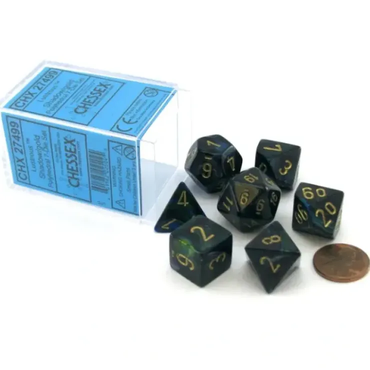 Dice>Polyhedral 7-Die Lustrous Chessex Dice Set - Shadow with Gold Numbers - Your Source for Gaming Essentials