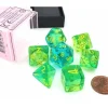 Dice>Polyhedral 7-Die Set, Gemini - Translucent Green-Teal with Yellow Numbers - Your Source for Gaming Essentials