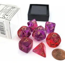 Dice>Polyhedral 7-Die Set, Gemini - Translucent Red-Violet with Gold Numbers - Your Source for Gaming Essentials