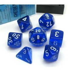 Dice>Polyhedral 7-Die Translucent Chessex Dice Set - Blue with White Numbers - Your Source for Gaming Essentials