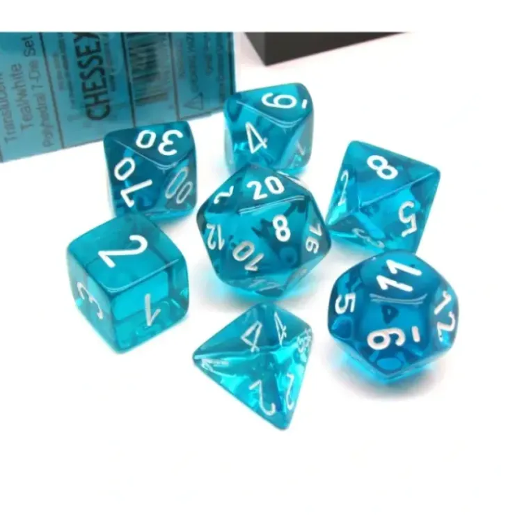 Dice>Polyhedral 7-Die Translucent Chessex Dice Set - Teal with White Numbers - Your Source for Gaming Essentials