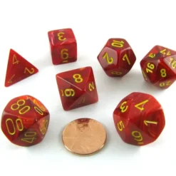 Dice>Polyhedral 7-Die Vortex Chessex Dice Set - Red with Yellow Numbers - Your Source for Gaming Essentials
