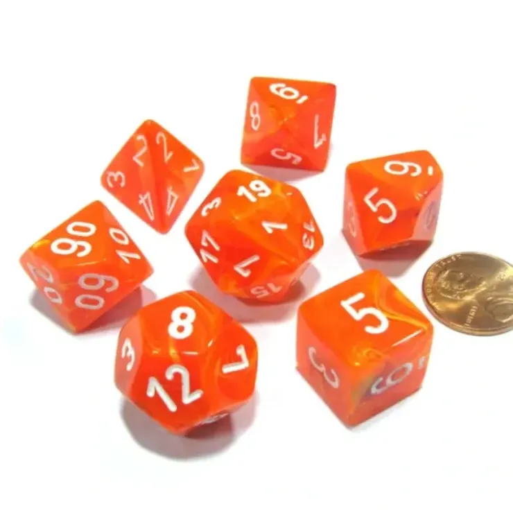 Dice>Polyhedral 7-Die Vortex Chessex Dice Set - Solar with White Numbers - Your Source for Gaming Essentials