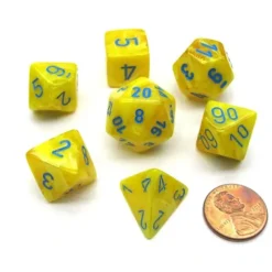 Dice>Polyhedral 7-Die Vortex Chessex Dice Set - Yellow with Blue Numbers - Your Source for Gaming Essentials