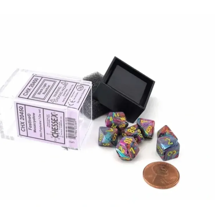 Dice>Polyhedral Mini 7-Die Set, Festive - Mosaic with Yellow Numbers - Your Source for Gaming Essentials