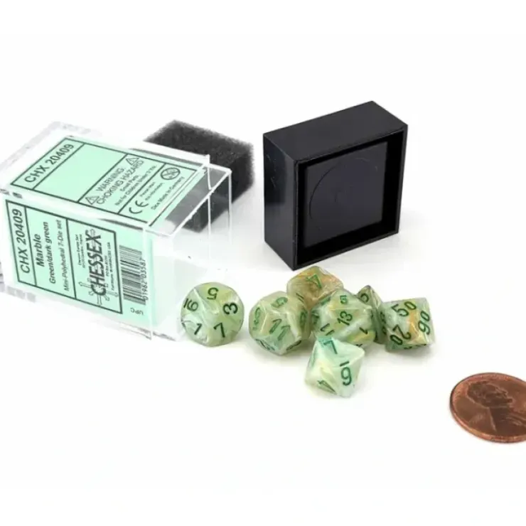 Dice>Polyhedral Mini 7-Die Set, Marble - Green with Dark Green Numbers - Your Source for Gaming Essentials