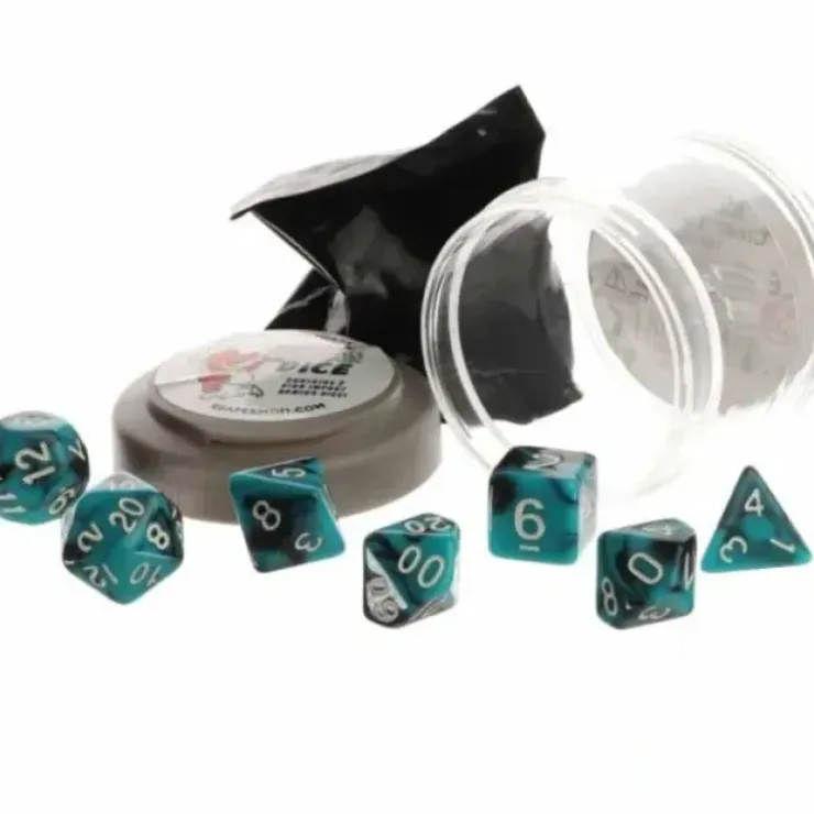 Dice>Polyhedral 7-Piece DnD Pizza Dungeon Dice Set - Dual Teal & Black - Your Source for Gaming Essentials