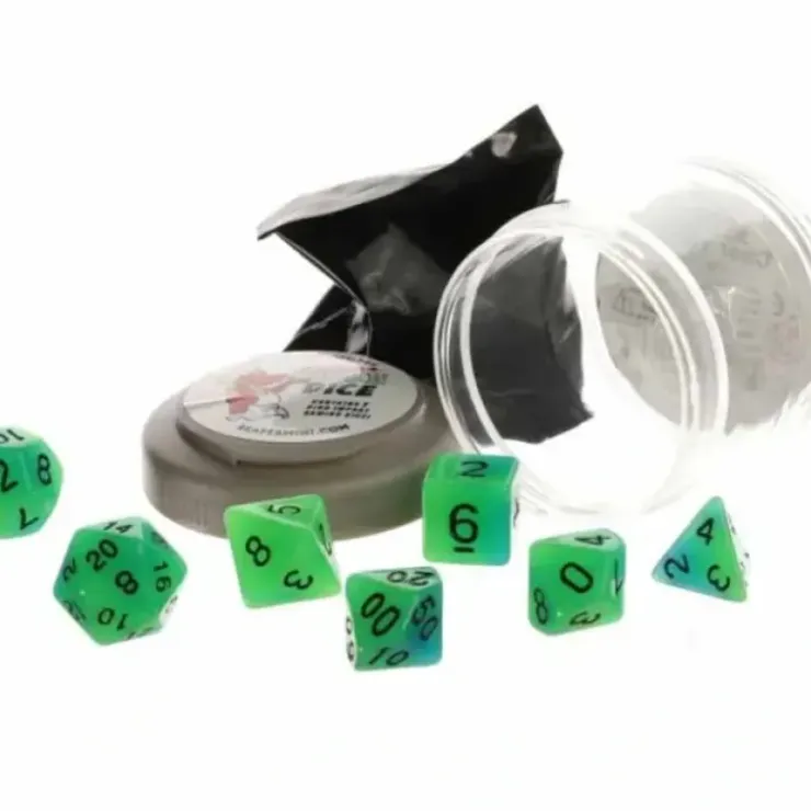 Dice>Polyhedral 7-Piece DnD Pizza Dungeon Dice Set - Glow Green & Blue - Your Source for Gaming Essentials