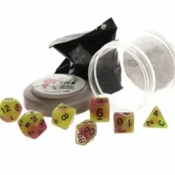Dice>Polyhedral 7-Piece DnD Pizza Dungeon Dice Set - Glow Yellow & Purple - Your Source for Gaming Essentials