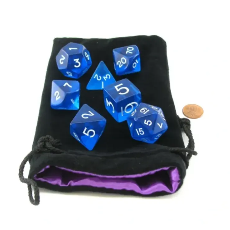 Dice>Polyhedral 7 Piece Jumbo Transparent Dice Set in Bag - Blue with White Numbers - Your Source for Gaming Essentials