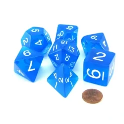 Dice>Polyhedral 7 Piece Jumbo Transparent Dice Set in Tube - Blue with White Numbers - Your Source for Gaming Essentials