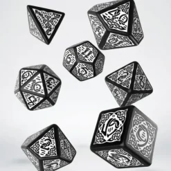 Dice>Q-Workshop Celtic 3D Revised 7 Piece Dice Set - Black and White - Your Source for Gaming Essentials