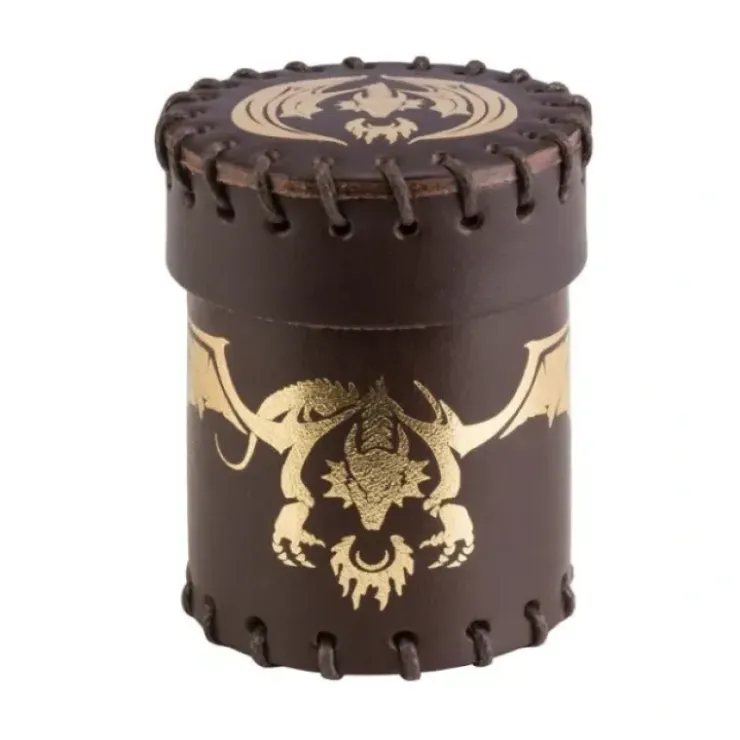 Dice>Q-Workshop Dice Cup - Flying Dragon Brown and Golden Leather - Your Source for Gaming Essentials