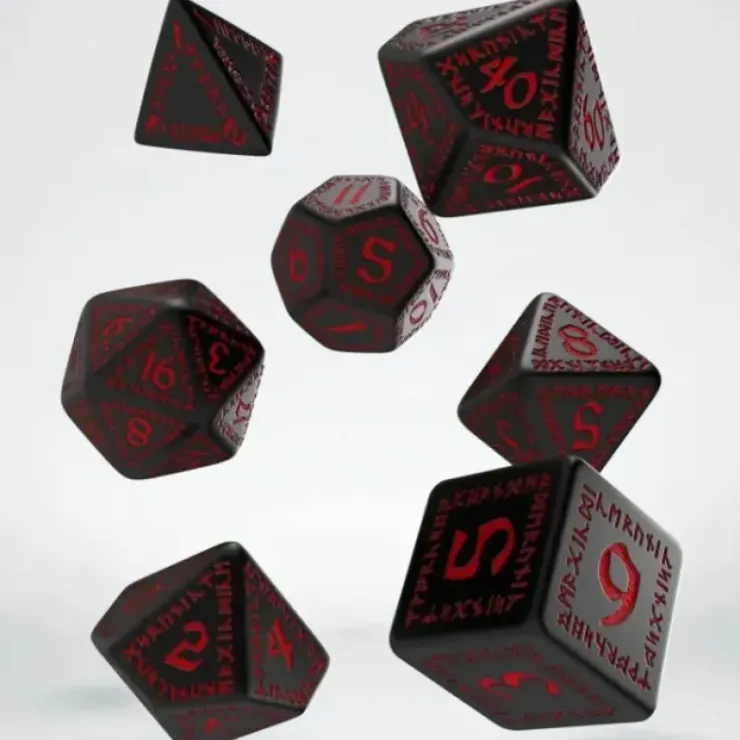 Dice>Q-Workshop Polyhedral Runic Dice Set - Black with Red Etches (7 Piece Set) - Your Source for Gaming Essentials