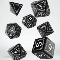Dice>Q-Workshop Runic Dice Set Black with White Etches (7 Pieces Set) - Your Source for Gaming Essentials