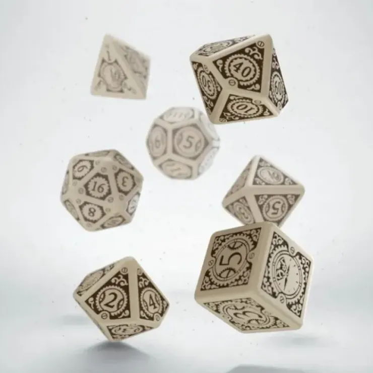 Dice>Q-Workshop Steampunk Clockwork Dice Set Beige with Brown Etches (7 Piece Set) - Your Source for Gaming Essentials