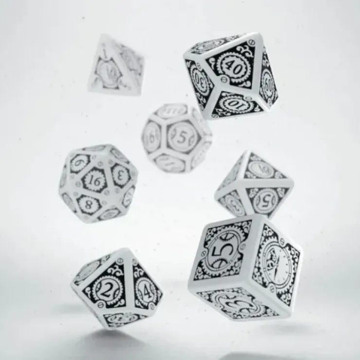 Dice>Q-Workshop Steampunk Clockwork Dice Set White with Black Etches (7 Piece Set) - Your Source for Gaming Essentials