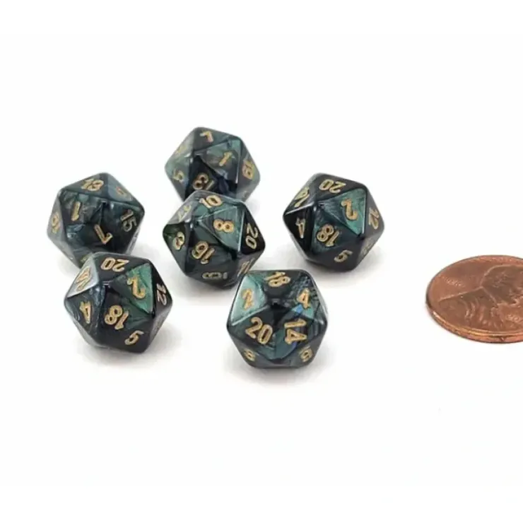 Dice>Scarab 12mm Mini 20 Sided D20 Dice, 6 Pieces - Jade with Gold Numbers - Your Source for Gaming Essentials