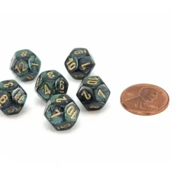 Dice>Scarab 12mm Mini 12 Sided D12 Dice, 6 Pieces - Jade with Gold Numbers - Your Source for Gaming Essentials
