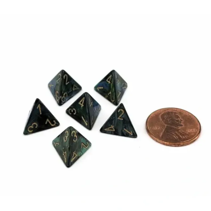 Dice>Scarab 12mm Mini 4 Sided D4 Dice, 6 Pieces - Jade with Gold Numbers - Your Source for Gaming Essentials