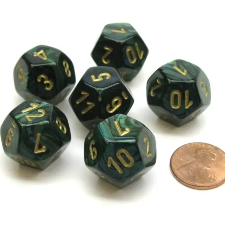 Dice>Scarab 18mm 12 Sided D12 Chessex Dice, 6 Pieces - Jade with Gold - Your Source for Gaming Essentials