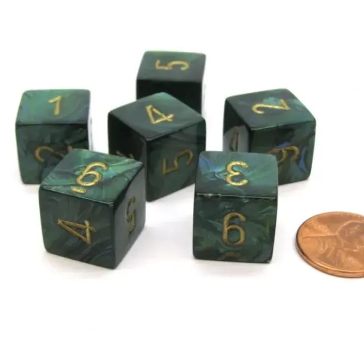 Dice>Scarab 15mm 6-Sided D6 Numbered Chessex Dice, 6 Pieces - Jade with Gold Numbers - Your Source for Gaming Essentials