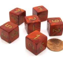 Dice>Scarab 15mm 6-Sided D6 Numbered Chessex Dice, 6 Pieces - Scarlet with Gold - Your Source for Gaming Essentials
