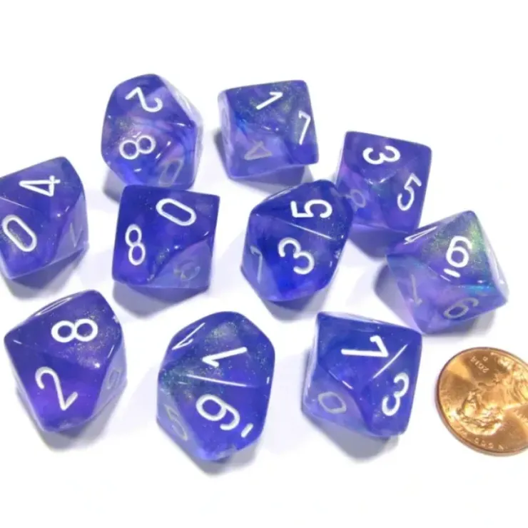 Dice>Set of 10 Chessex Borealis D10 Dice - Purple with White Numbers - Your Source for Gaming Essentials