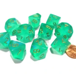 Dice>Set of 10 Chessex D10 Dice - Borealis #2 Light Green with Gold Numbers - Your Source for Gaming Essentials