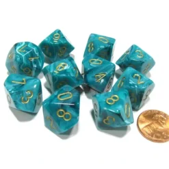 Dice>Set of 10 Chessex D10 Dice - Vortex Teal with Gold Numbers - Your Source for Gaming Essentials