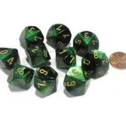 Dice>Set of 10 Chessex Gemini D10 Dice - Black-Green with Gold Numbers - Your Source for Gaming Essentials
