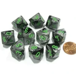 Dice>Set of 10 Chessex Gemini D10 Dice - Black-Grey with Green Numbers - Your Source for Gaming Essentials
